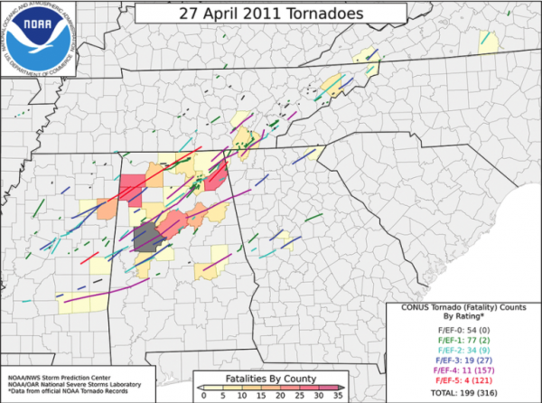 Abb. 1: Zugbahnen der Tornados am 27. April beim Super-Outbreak 2011; Quelle: NOAA