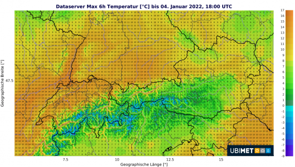 Abb. 2: Temperaturhöchstwerte im Alpenraum morgen Dienstag