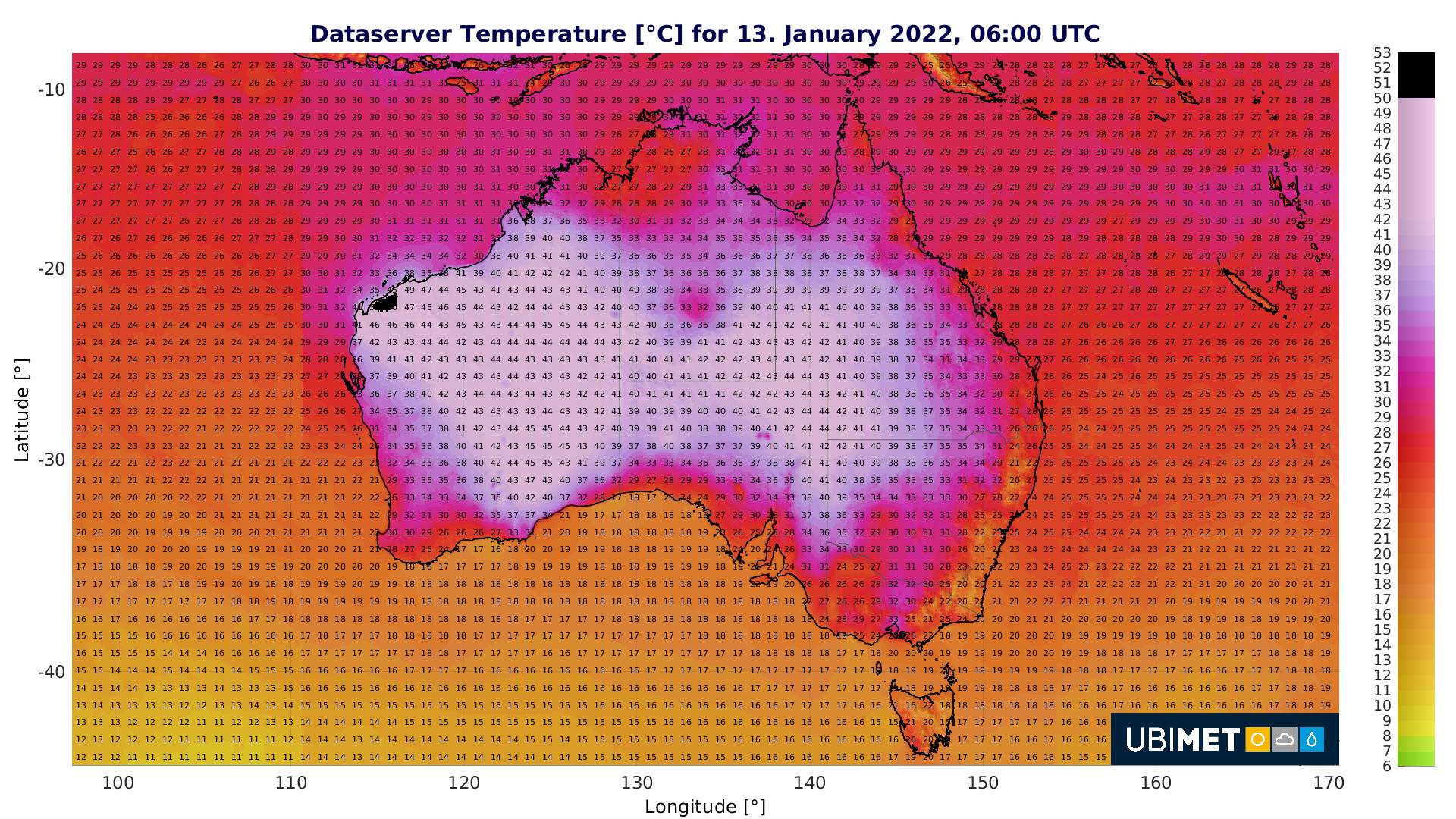 Abb. 1: Höchsttemperaturen in Australien am 13. Januar 2022