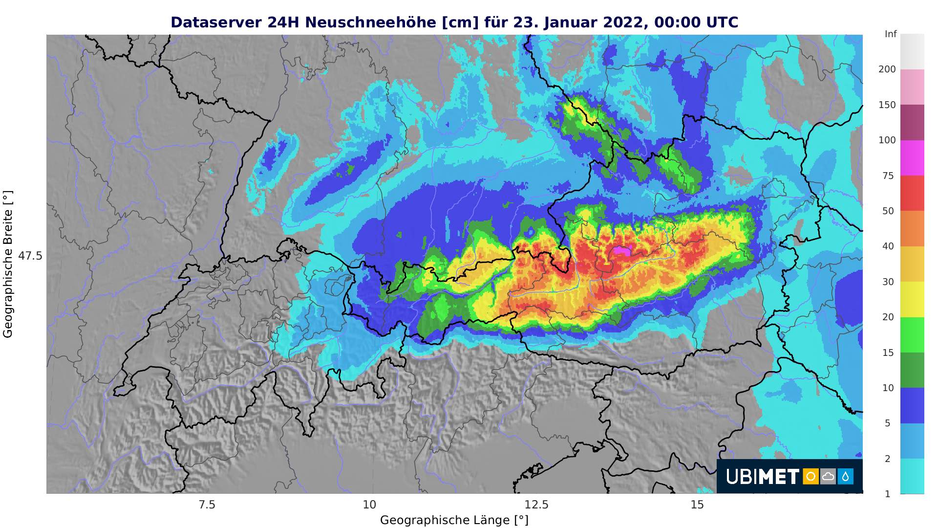 Abb. 1: Erwartete Neuschneemenge im Alpenraum am Samstag 22. Januar 2022