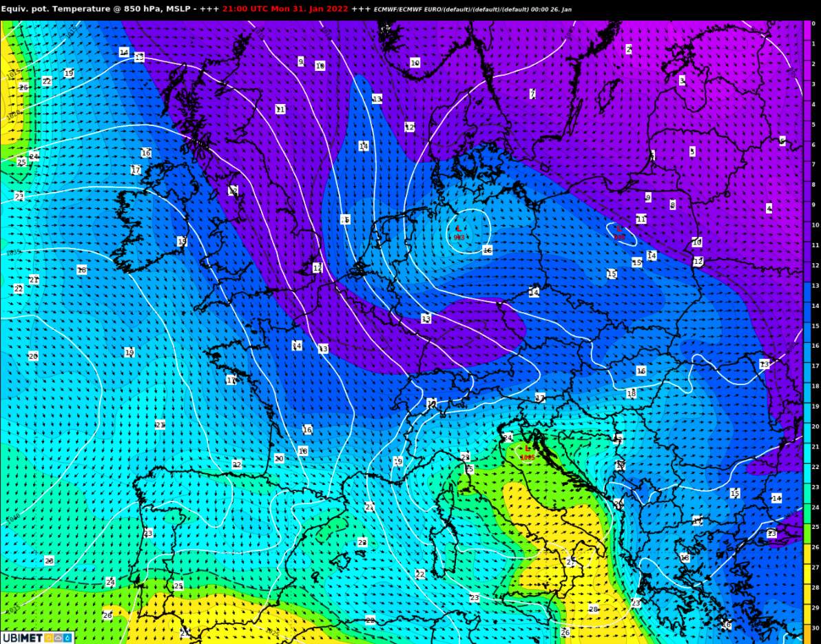 Abb. 2: Sturmtief über Deutschland, Kaltluftvorstoss in der Nacht von Montag auf Dienstag (ThetaE 850 hPa 21 UTC) 