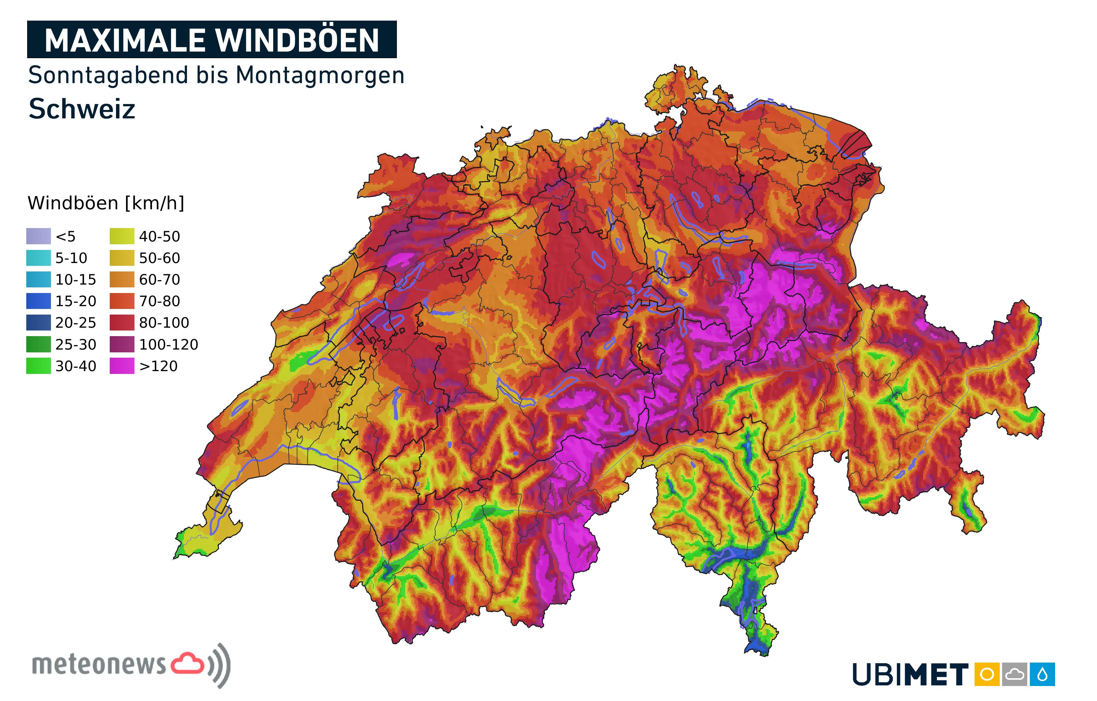 Abb. 4: Die Karte zeigt die berechneten maximalen Windspitzen zwischen Sonntagabend und Montagmorgen in der Schweiz