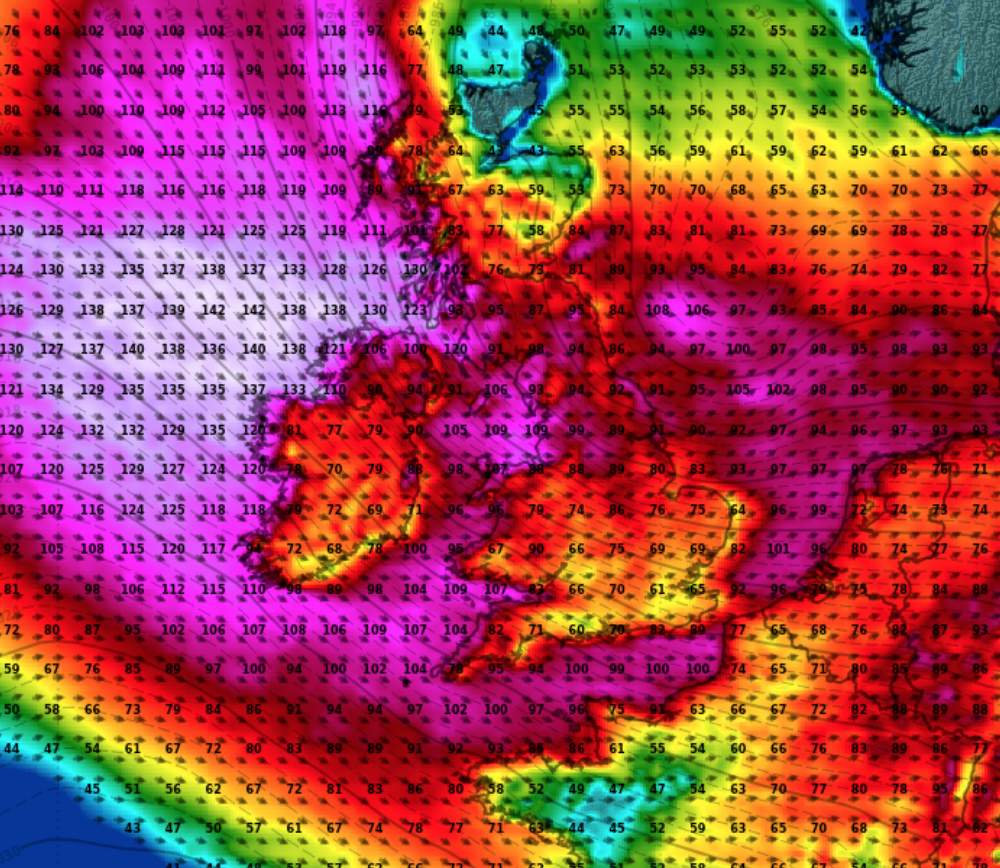 Abb. 5: Maximale Windspitzen in der Nacht auf Montag in Grossbritannien und Irland