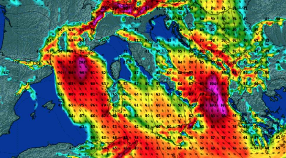 Abb. 9: Windspitzen im Mittelmeerraum am Dienstagvormittag