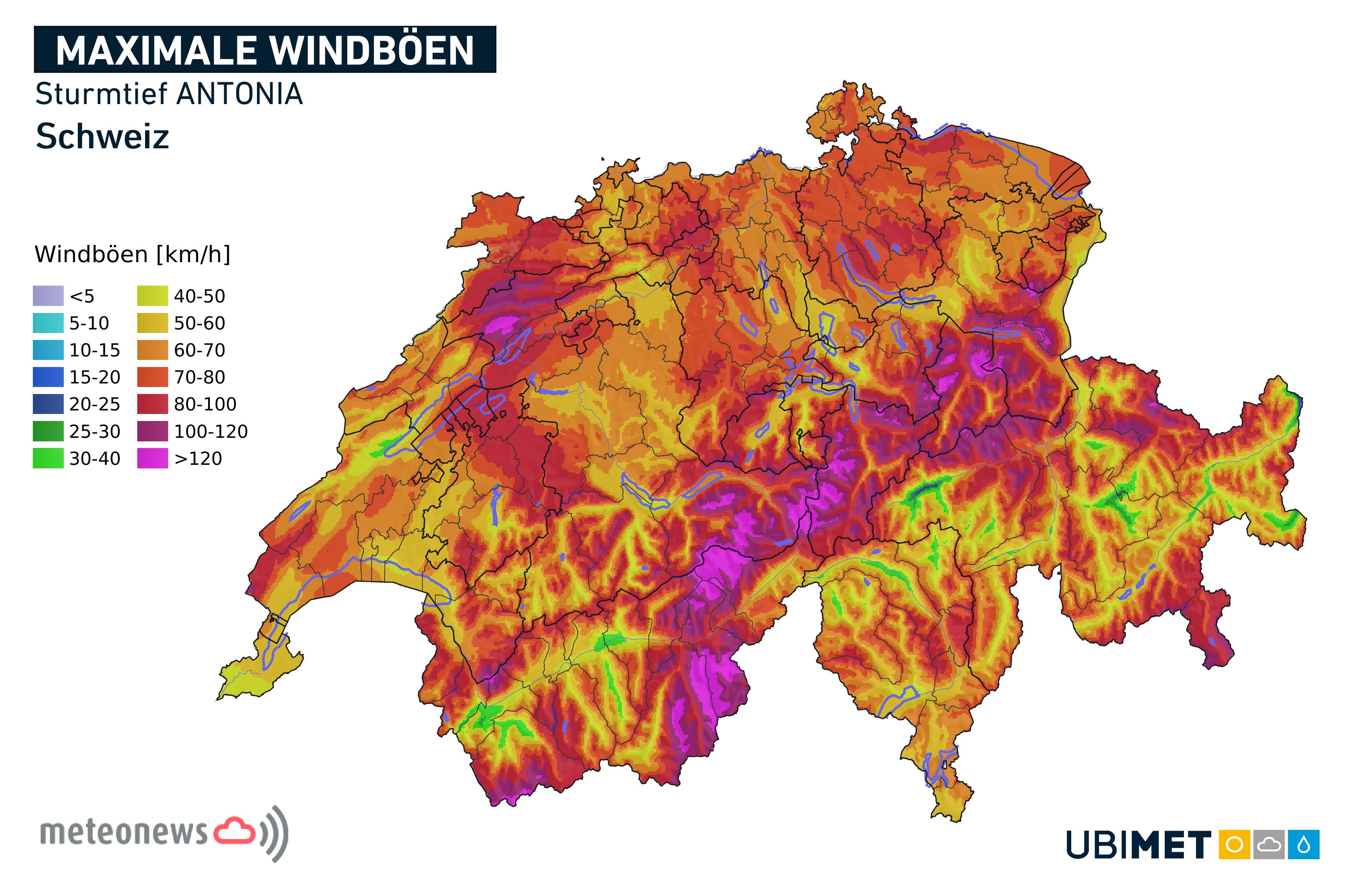 Abb. 3: Prognostizierte maximale Windspitzen für die Schweiz