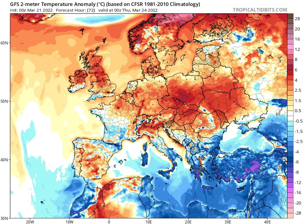 Abb. 3: Prognostizierte Temperaturanomalien für den Donnerstag. Darstellung via tropicaltidbits.com
