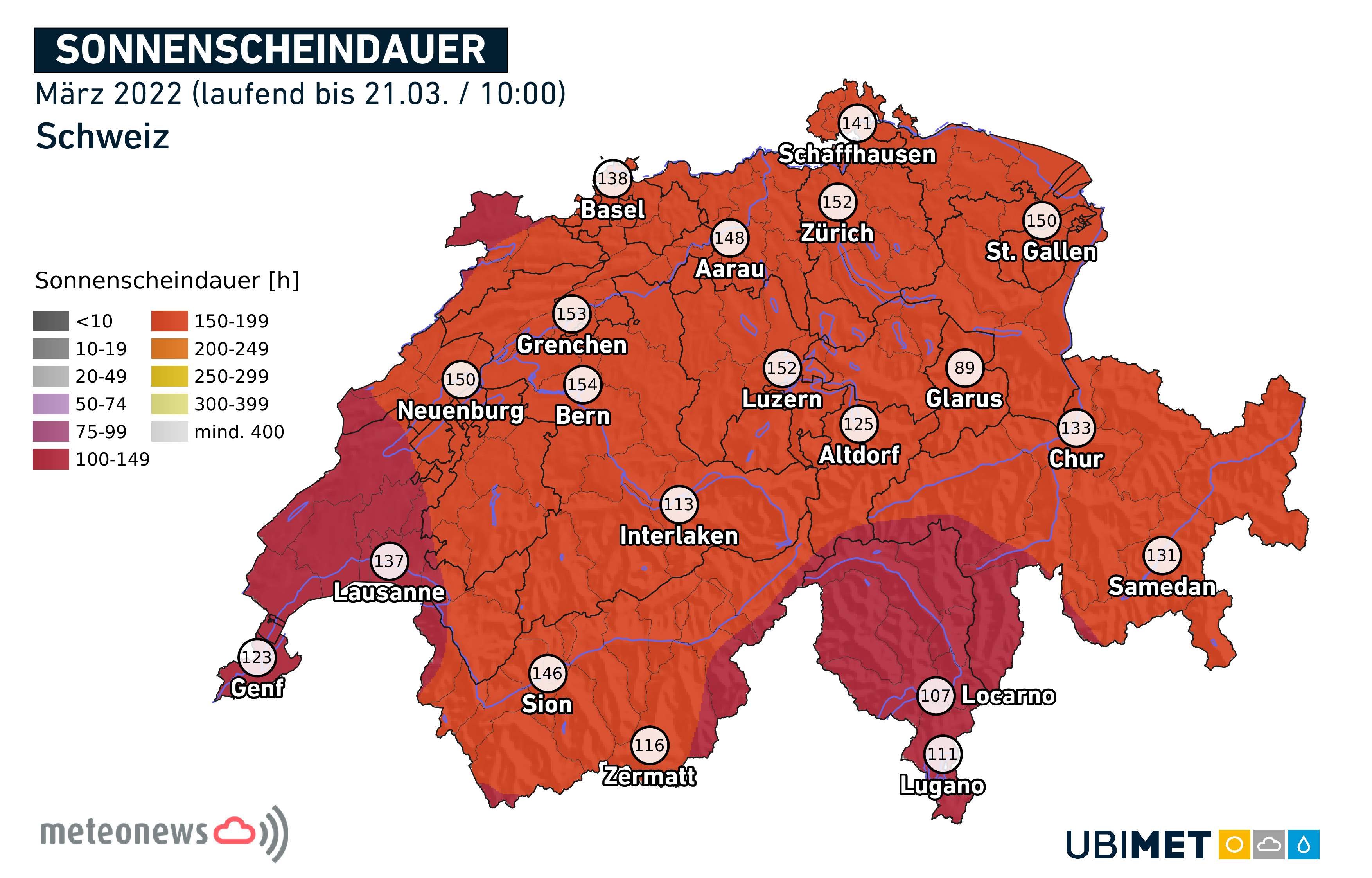 Abb. 4: Bisherige März-Sonnenstunden in der Schweiz.