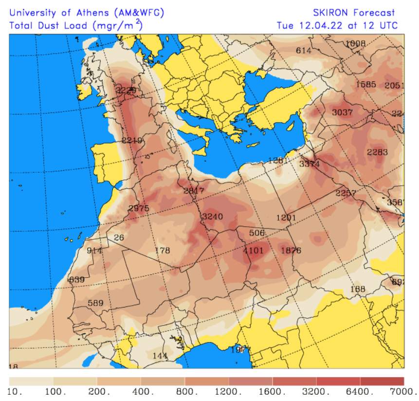 Abb. 1: Saharastaubkonzentrationen (mgr/m2) heute Dienstag 12 UTC, Quelle: SKIRON