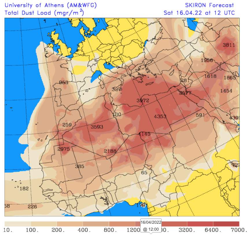 Abb. 6: Saharastaubkonzentrationen (mgr/m2) am Samstag 12 UTC, Quelle: SKIRON