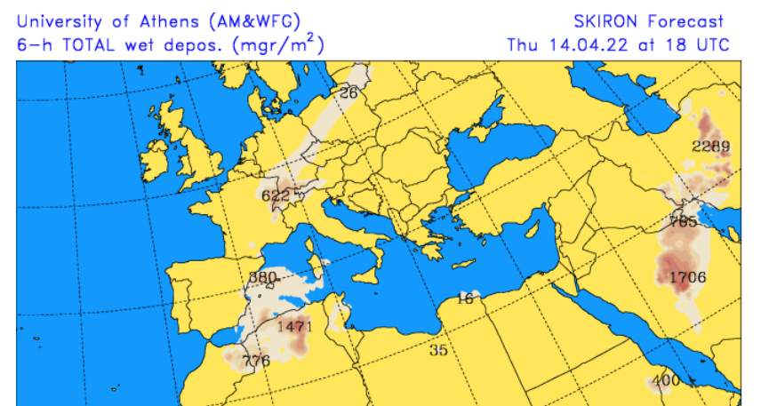 Abb. 5: Saharastaubkonzentration als nasse Deposition (Blutregen) am Donnerstag 18 UTC, Quelle: SKIRON