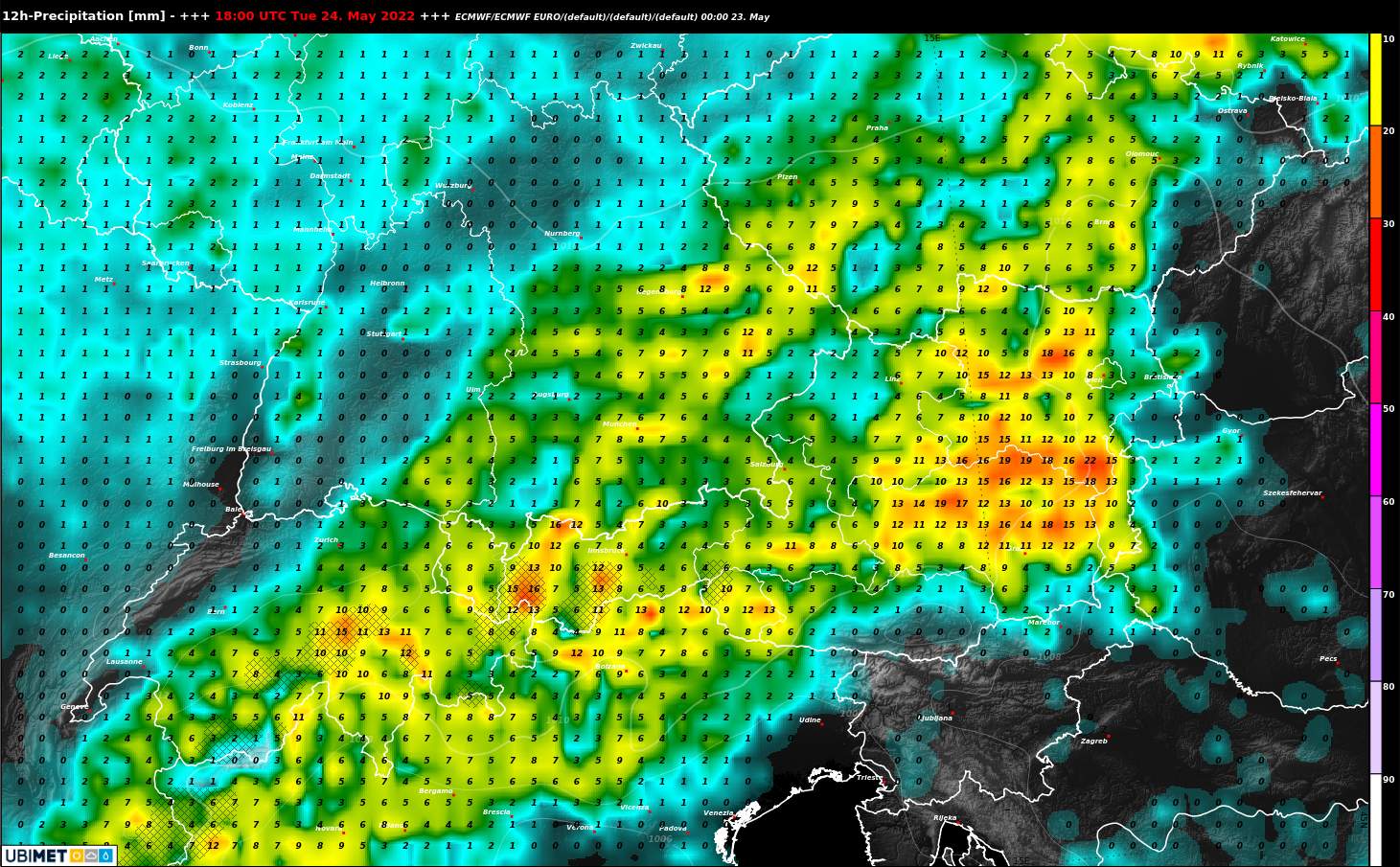 Abb. 4: Regensumme morgen zwischen 8 und 20 Uhr nach dem europäischen Wettermodell ECMWF