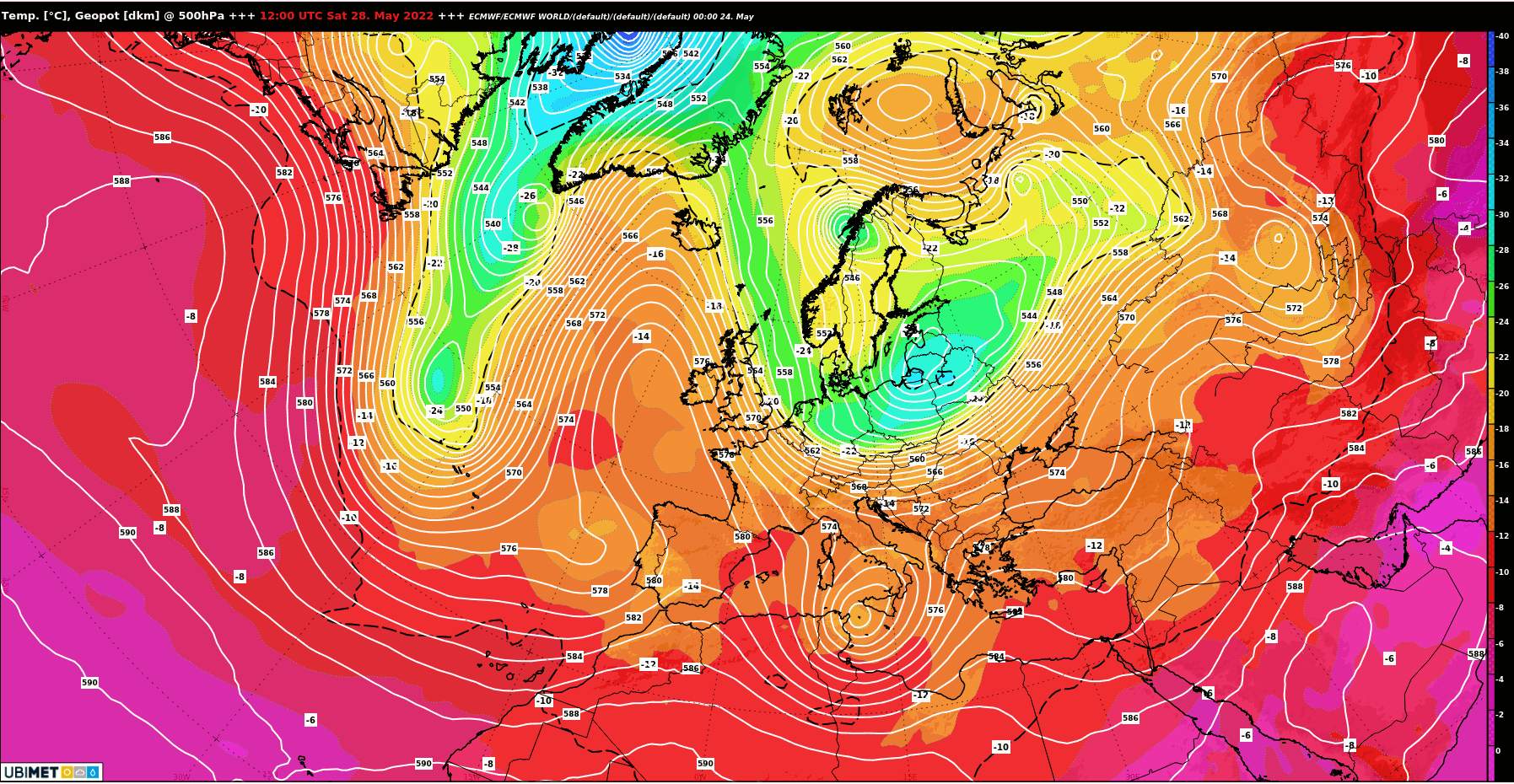 Abb. 2: Höhendruckkarte am Samstag um 14 Uhr: Tiefer Luftdruck über Nord- und Nordosteuropa