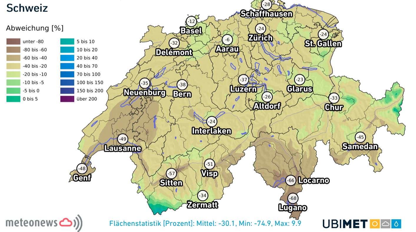 Fig. 2: Déficit de précipitations en Suisse depuis le 01.01.2022