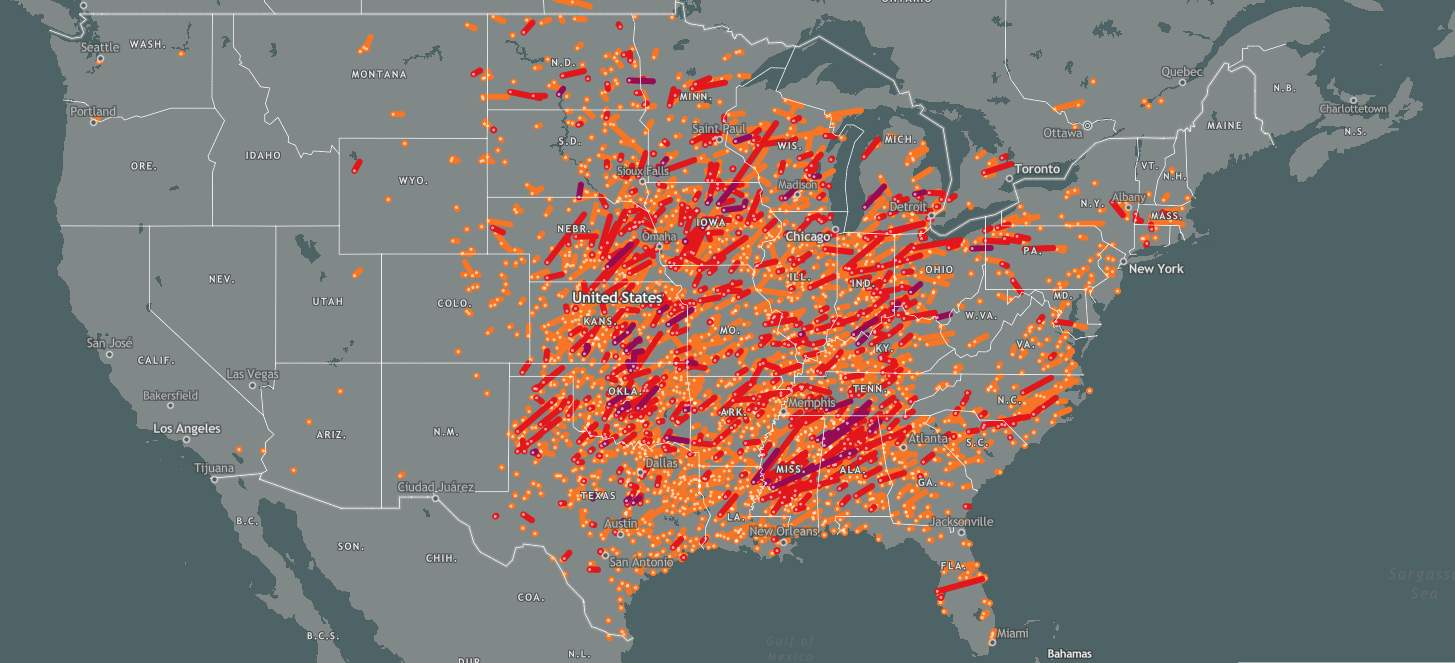 Abb. 2: Verteilung der Tornados in den USA. Dargestellt sind alle starken Tornado (mindestens EF3) zwischen 1950 und 2020. Quelle: tornadoarchive.com