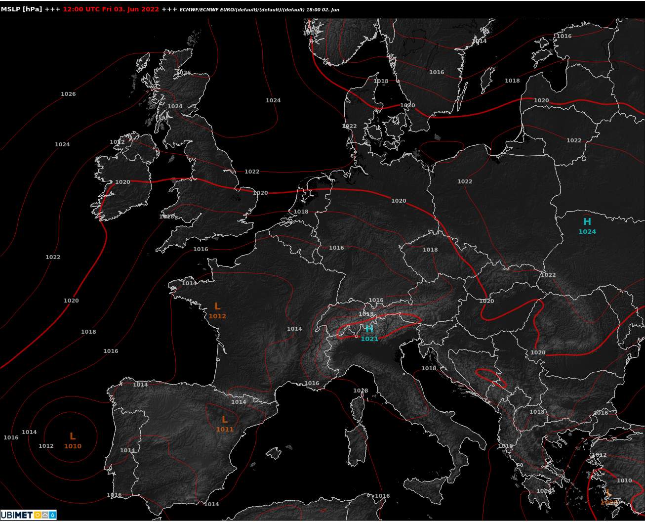 Abb. 1: Luftdruckverhältnisse am Boden heute um 14 Uhr: Tiefer Luftdruck über Südwesteuropa