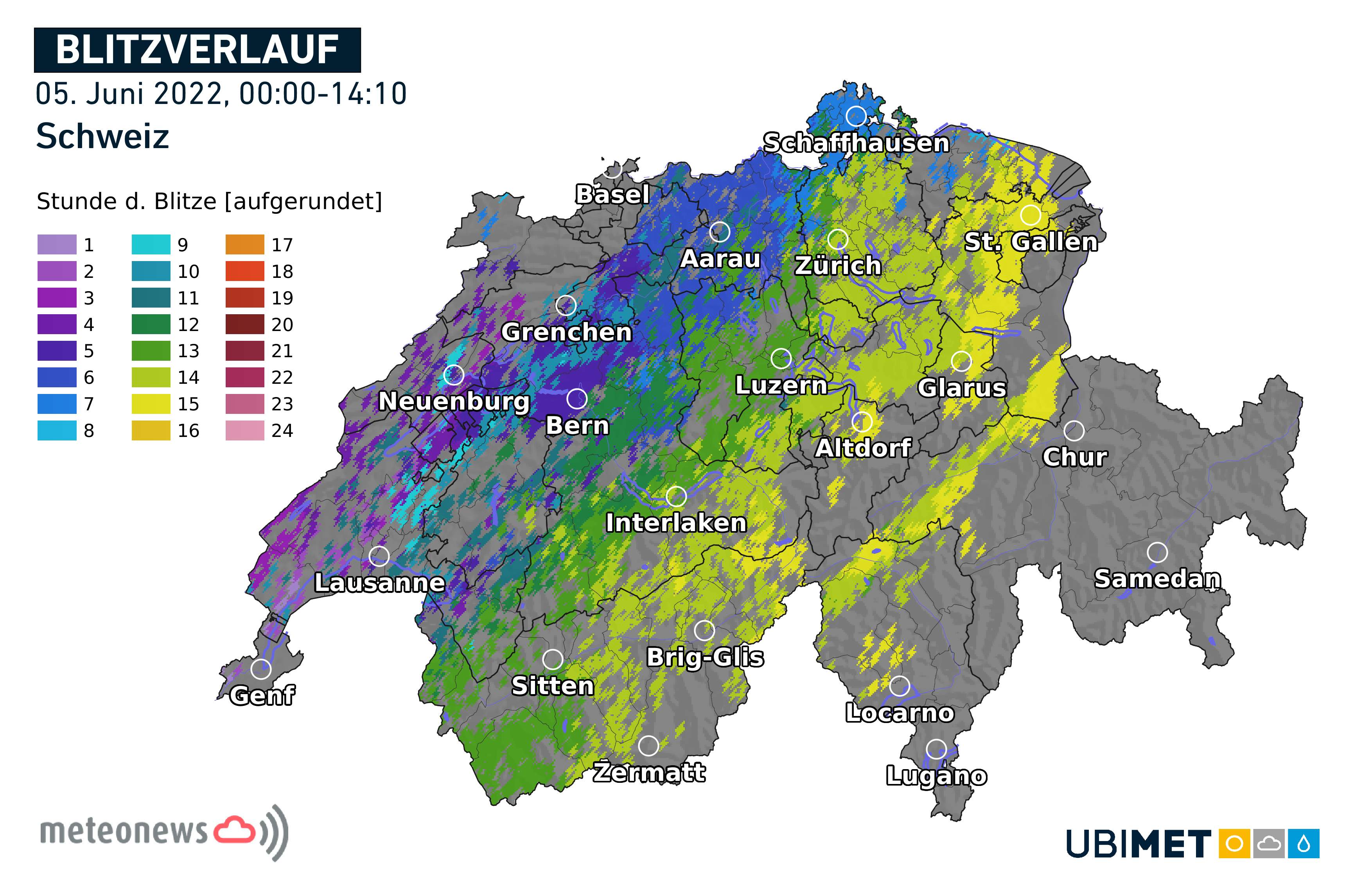 Abb. 1: Zeitliche Verlauf der Blitzentladungen über der Schweiz bis 14:00 Uhr