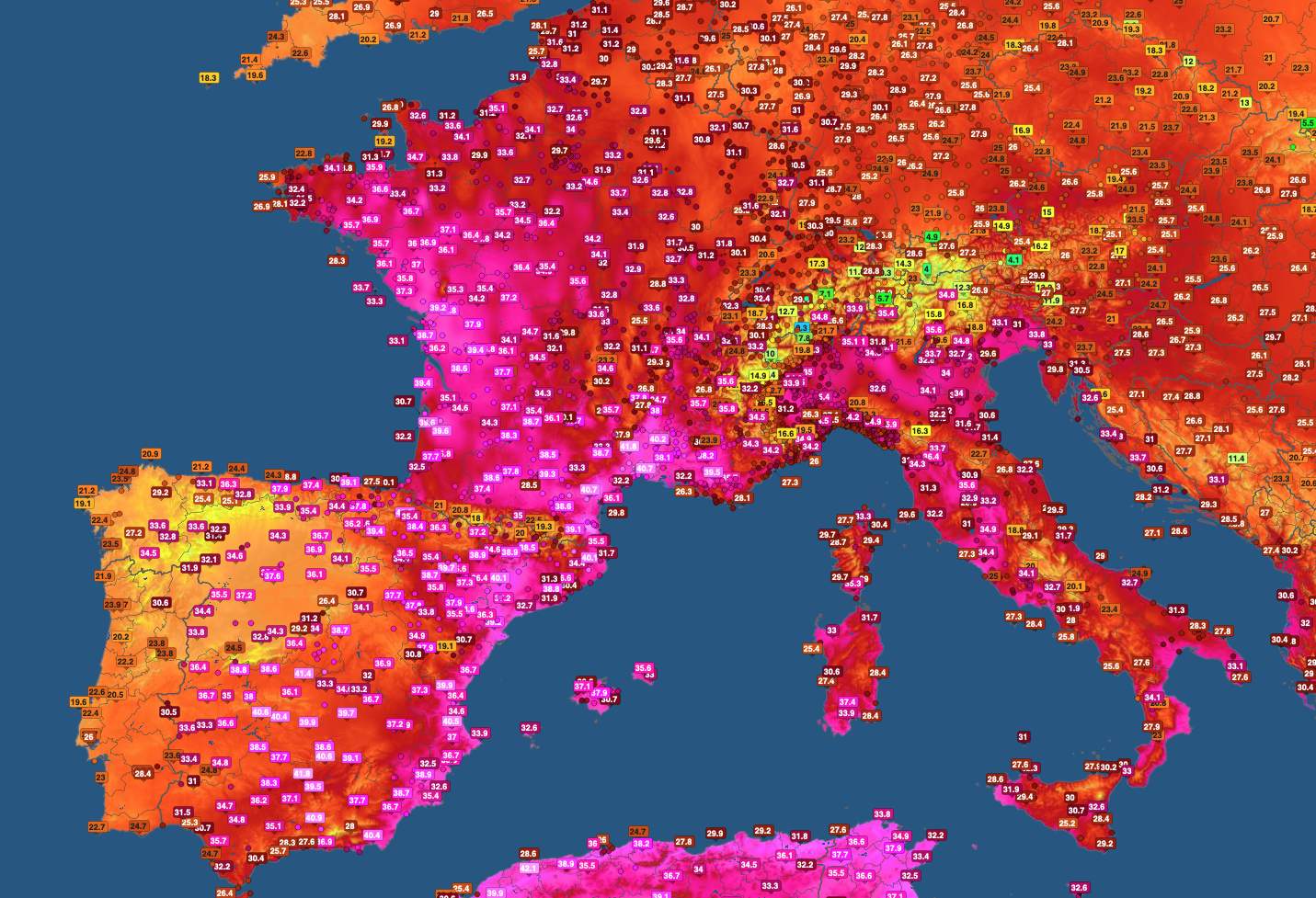 Abb. 1: Bisherige Höchsttemperaturen in Westeuropa (Quelle: infoclimat.fr)