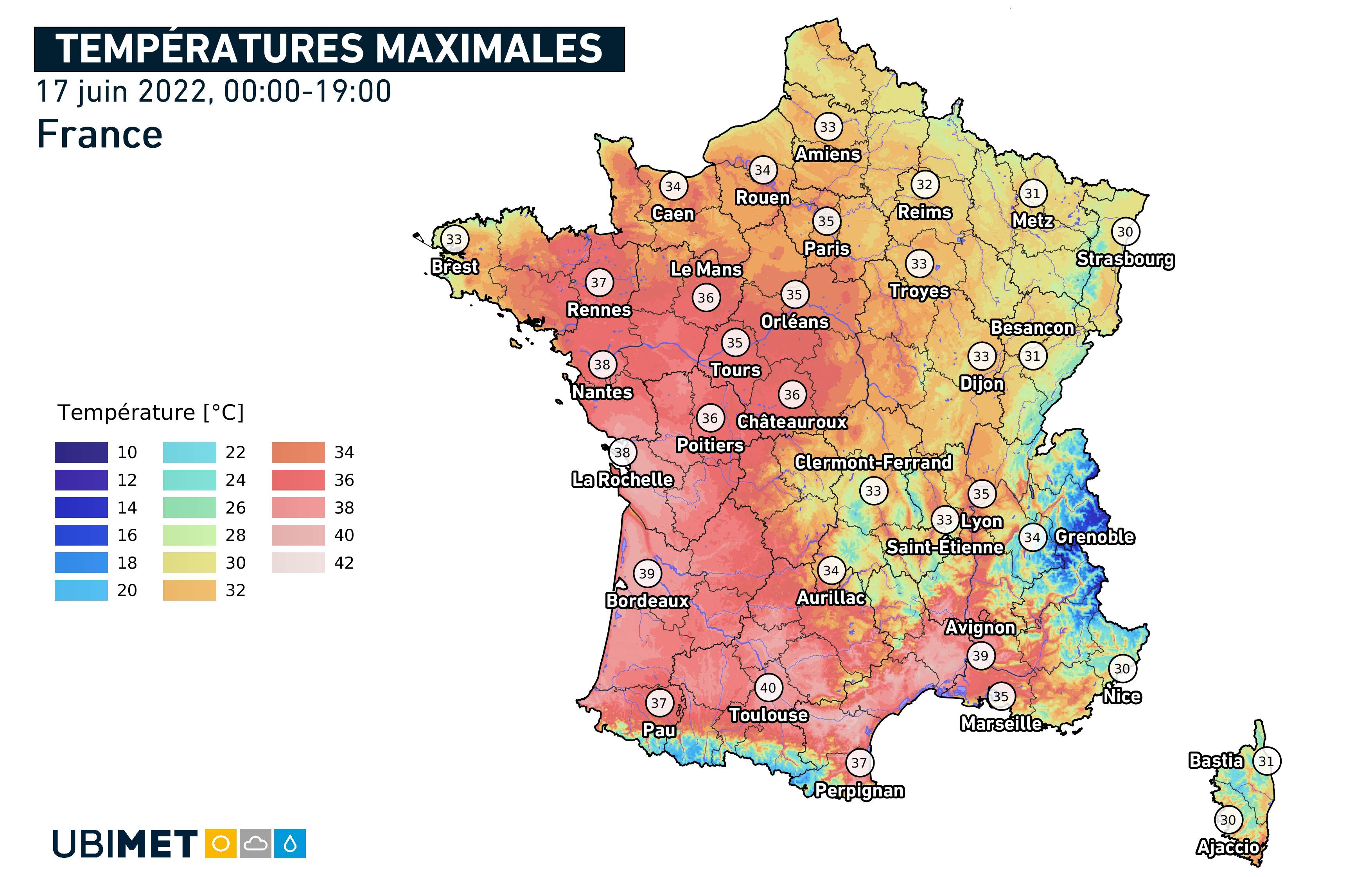 Abb. 1: Maximaltemperaturen heute in Frankreich