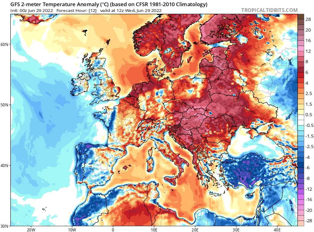 Abb. 2: Temperaturanomalien in Europa für heute Mittag verglichen mit der Klimanorm 1981-2010 (Quelle: Tropical Tidbits)