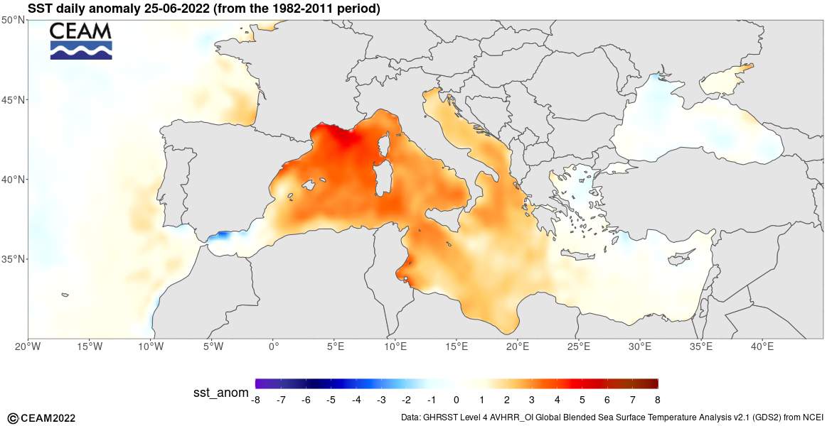 Abb. 3: Temperaturanomalie im Mittelmeer verglichen mit 1982-2011 (Quelle: CEAM)