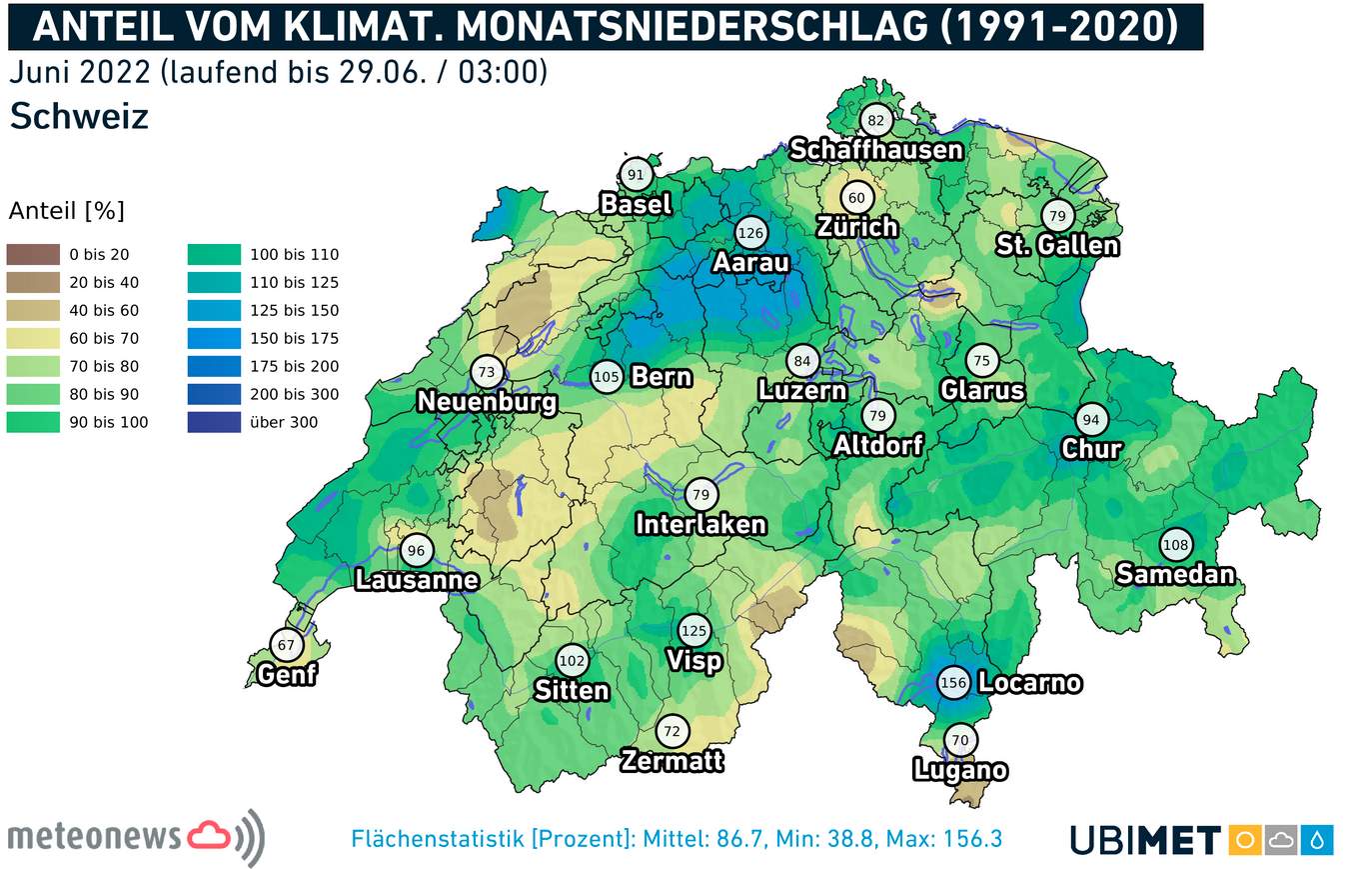 Fig. 2: Pourcentage de précipitations tombées en Suisse par rapport à la norme jusqu'au 28 juin