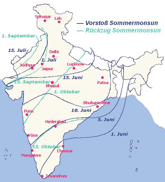 Abb. 2: Ausbreitung des Indischen Monsuns (Quelle: wikipedia)