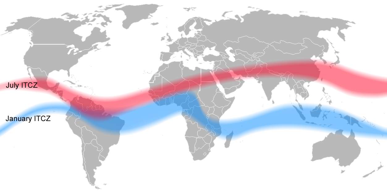 Abb. 1: Lage der innertropischen Konvergenzzone im Nordsommer (rot) und im Winter (blau) (Quelle: wikipedia)