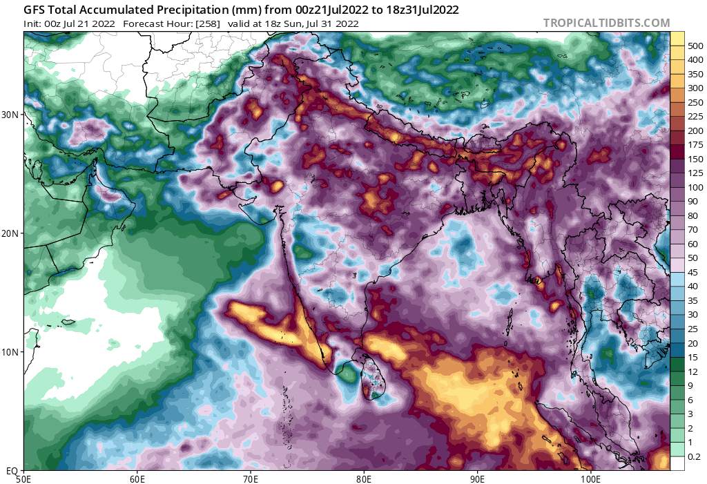 Abb. 3: Erwartete Niederschlagssummen bis Ende Monat auf dem indischen Subkontinent (Quelle: tropicaltidbits)