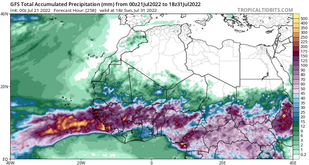 Abb. 5: Erwartete Niederschlagssummen in Westafrika bis Ende Juli (Quelle: tropicaltidbits)