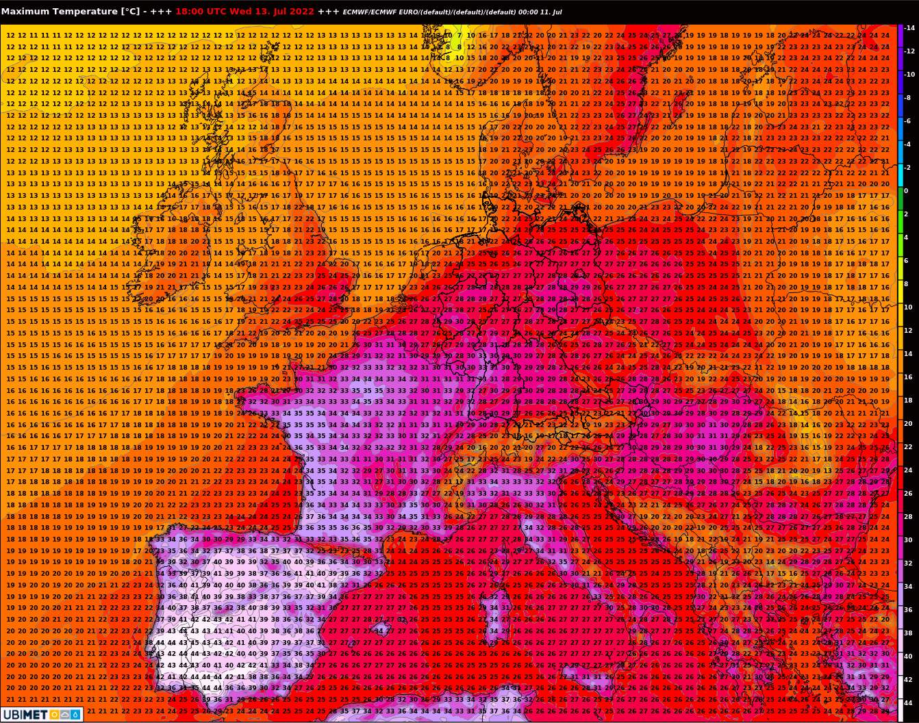 Abb. 3: Höchsttemperaturen in Europa am Mittwoch, 13. Juli 2022. Modell ECMWF. Auf der Iberischen Halbinsel verbreitet über 40 Grad!