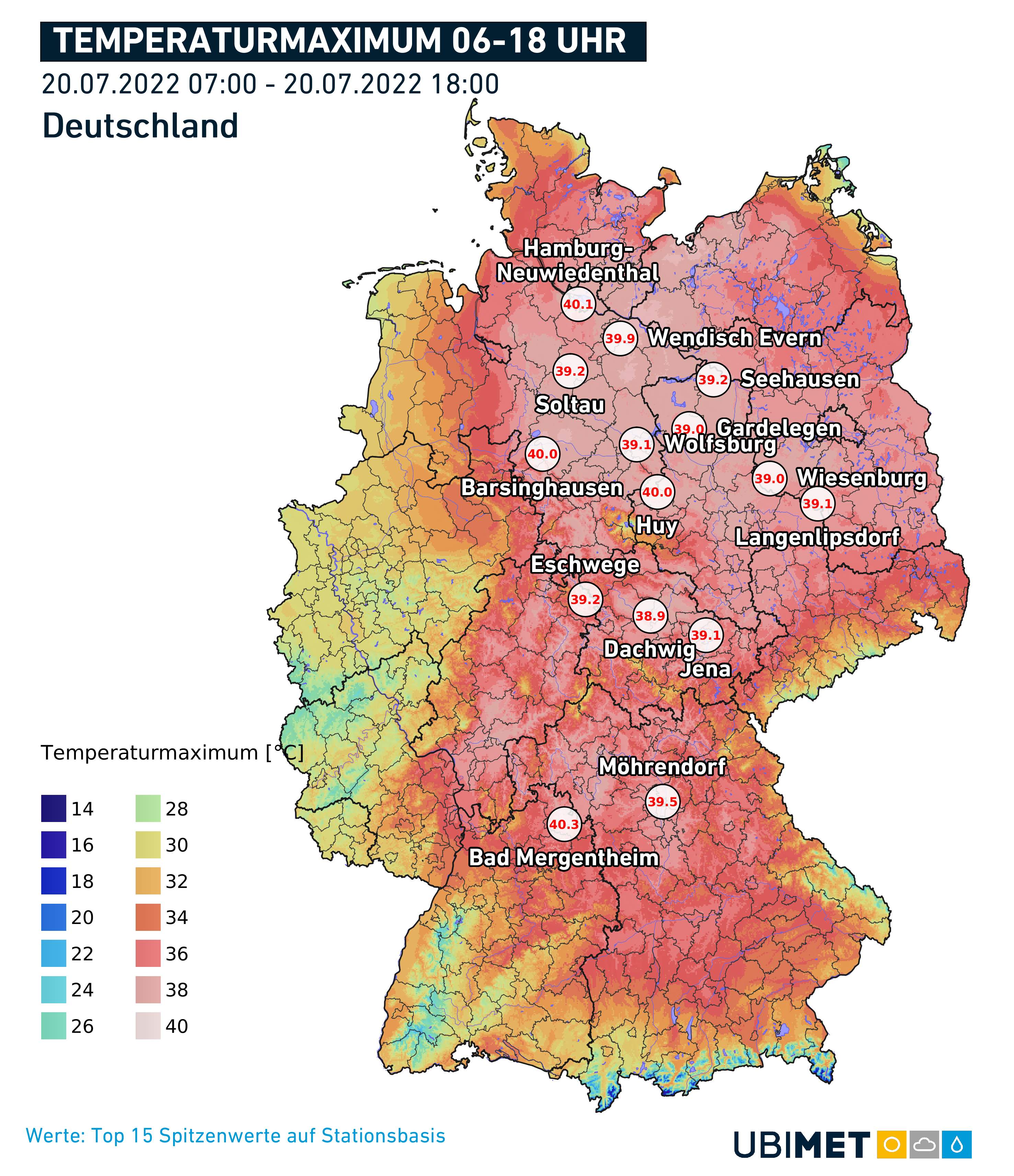 Abb. 1: Temperaturhöchstwerte in Deutschland am Mittwoch, 20. Juli 2022