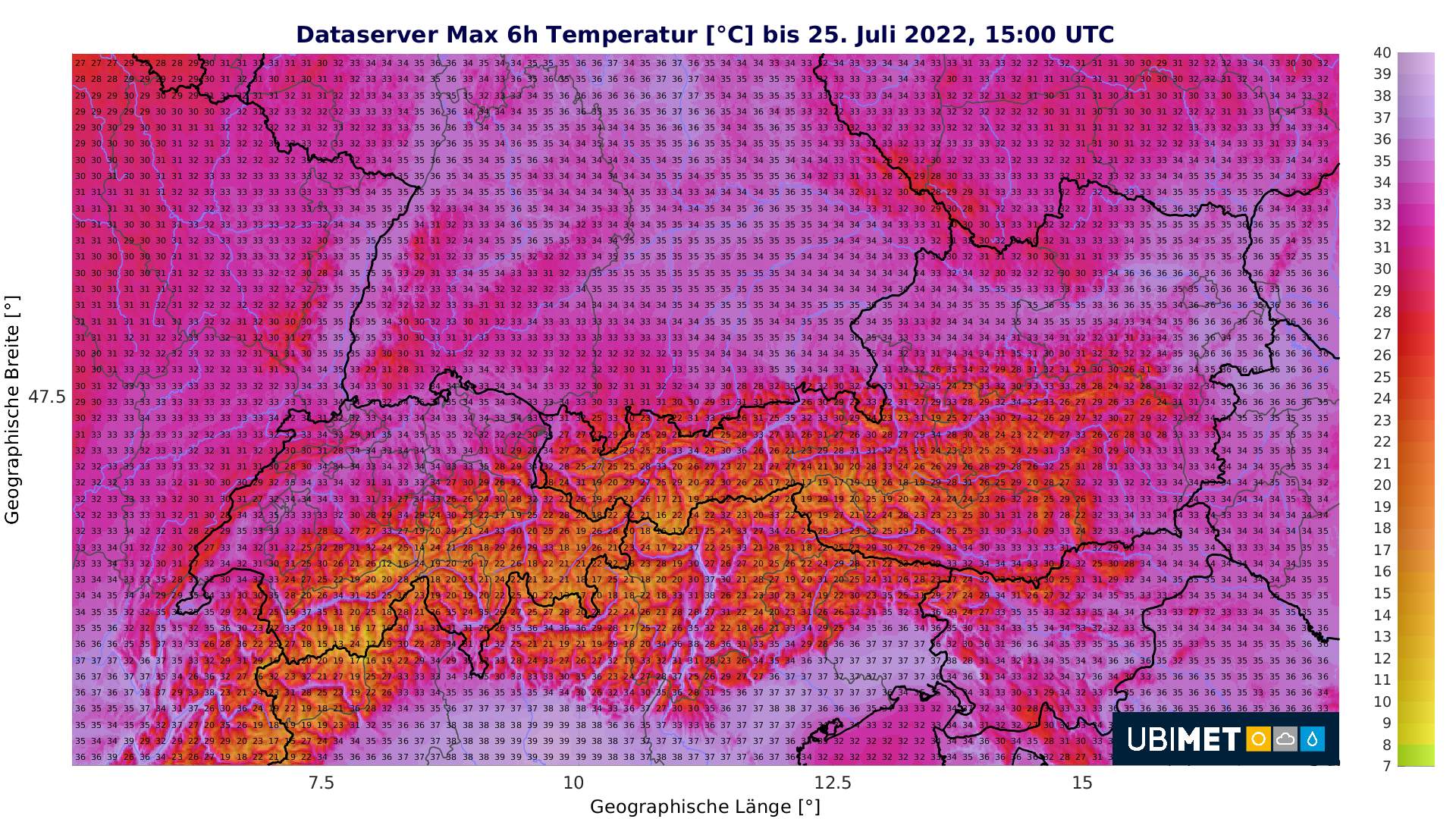 Abb. 3: Höchsttemperaturen im Alpenraum am Montag, 25. Juli 2022 