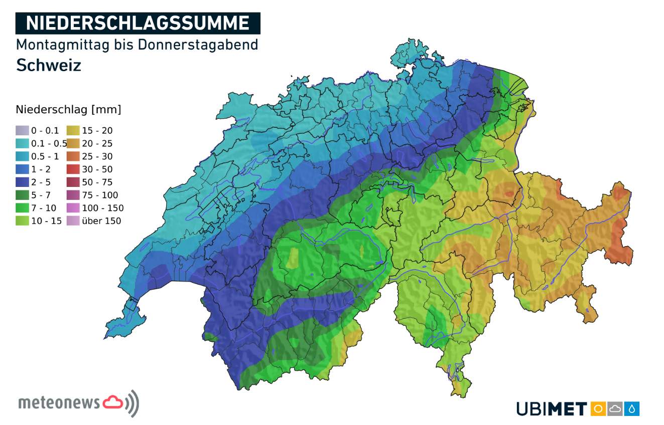 Abb. 3: Niederschlagssummen bis Donnerstagabend. Am meisten Regen in Graubünden, im Jura und am Nordrand kaum etwas.