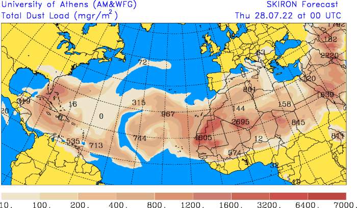 Abb. 3: Aktuell viel Saharastaub über dem Atlantik, Bildquelle: Universität Athen