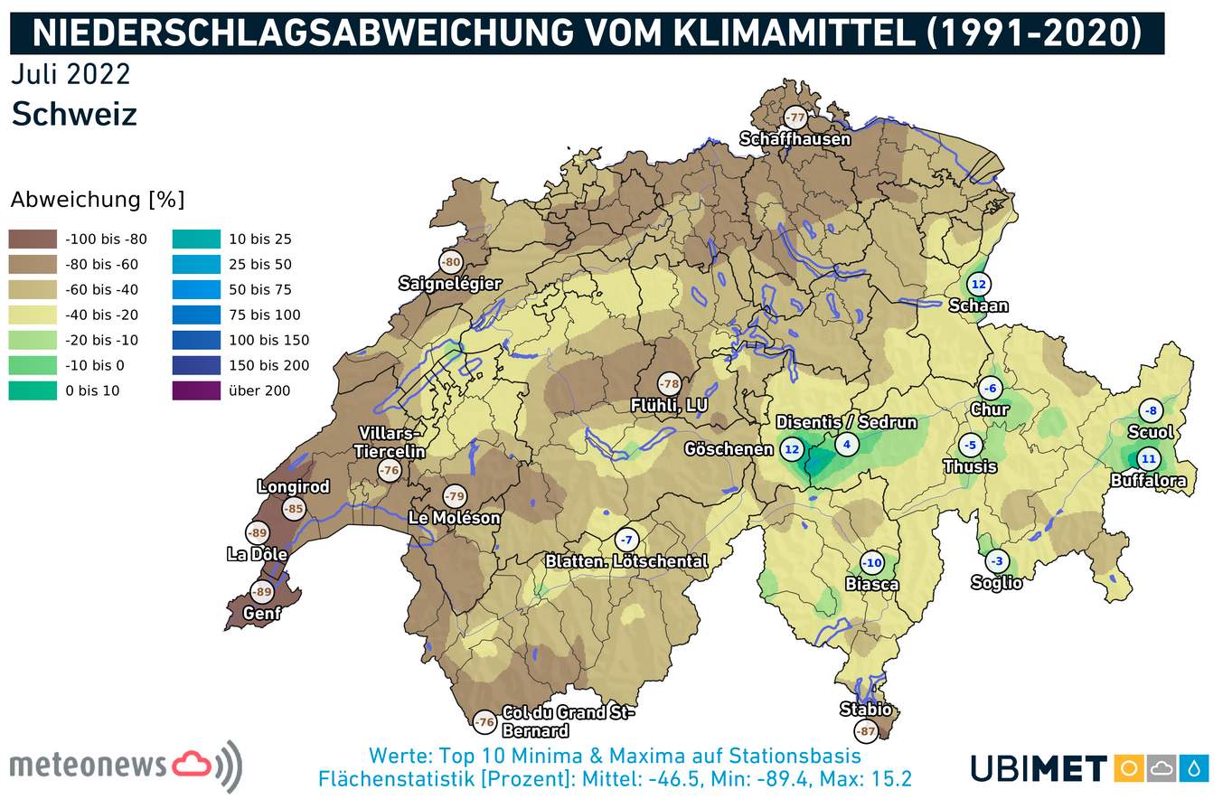 Fig. 2: Écart de précipitations pour le mois de juillet par rapport à la norme 1991-2020