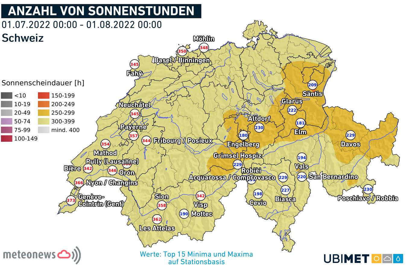 Fig. 3: Nombre d'heures d'ensoleillement en Suisse au cours du mois de juillet