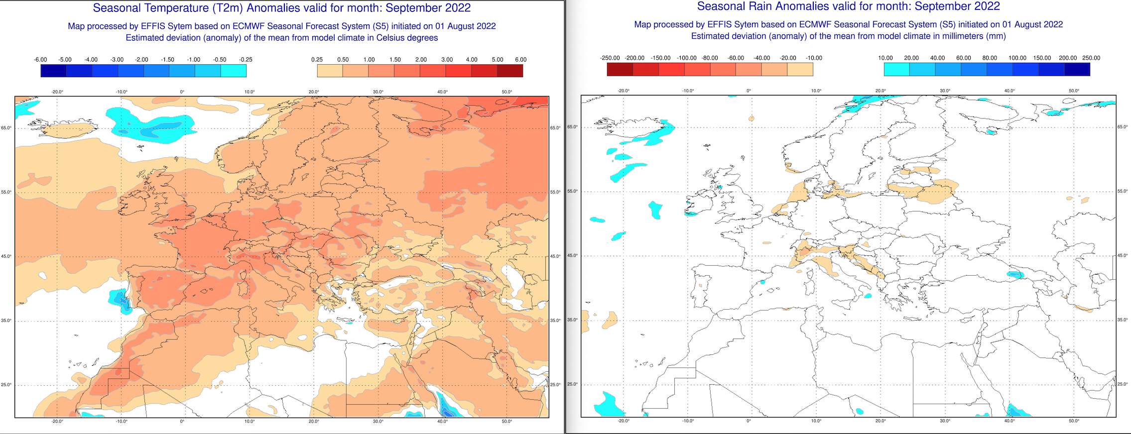 Abb. 4: Prognostizierte Abweichungen der Temperaturen (links) und Niederschläge (rechts) für den September gemäss europäischem Wettermodell 