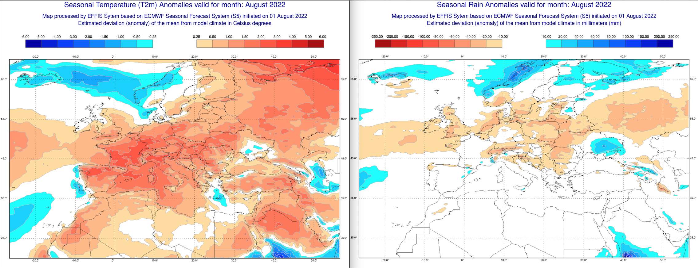 Abb. 3: Prognostizierte Abweichungen der Temperaturen (links) und Niederschläge (rechts) für den August gemäss europäischem Wettermodell 