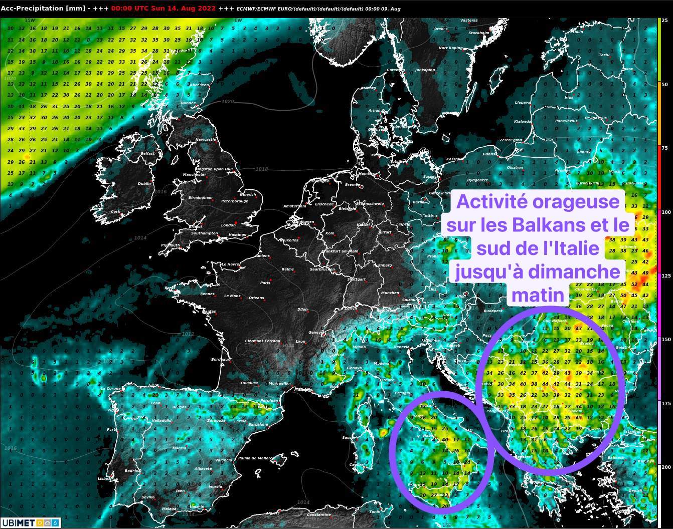 Fig. 2: Sommes de précipitations jusqu'à la nuit de samedi à dimanche (modèle météo européen ECMWF)