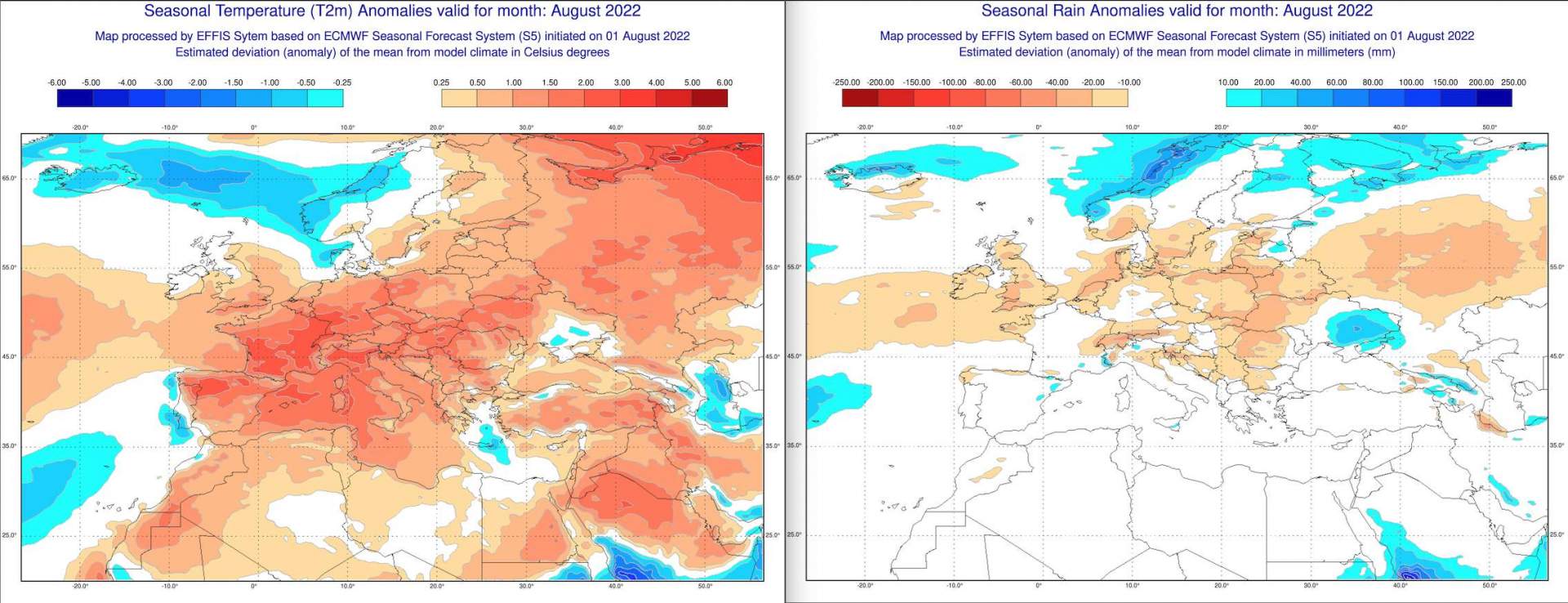 Fig. 3: Variations prévues des températures (à gauche) et des précipitations (à droite) pour le mois d'août selon le modèle météorologique européen 