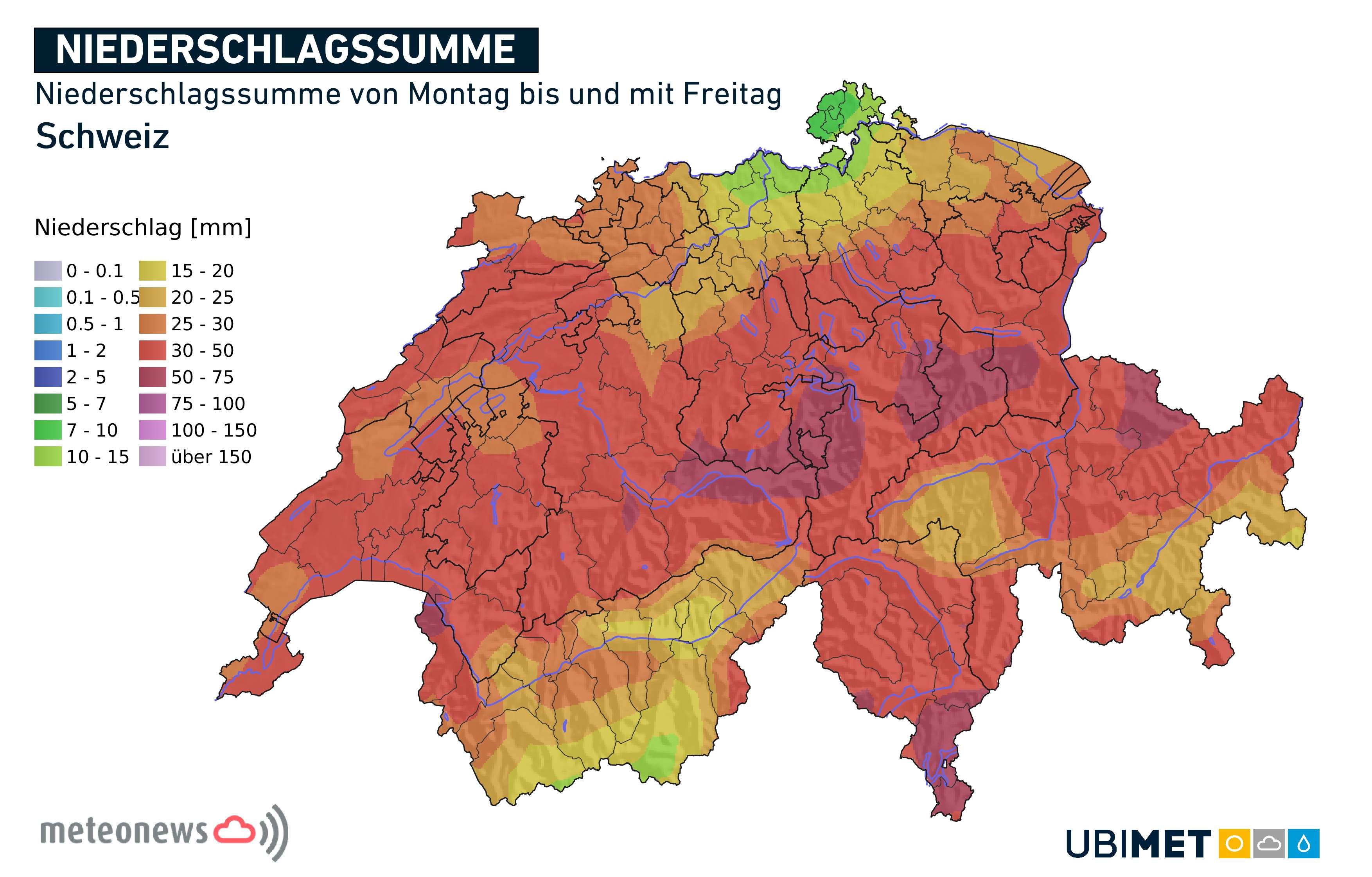 Abb. 5: Prognostizierte Niederschlagssumme von Montag, 15. August bis und mit Freitag, 19. August 2022