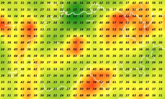 Fig. 2: Quantité de précipitations en l/m2 attendues d'ici samedi selon le modèle GFS