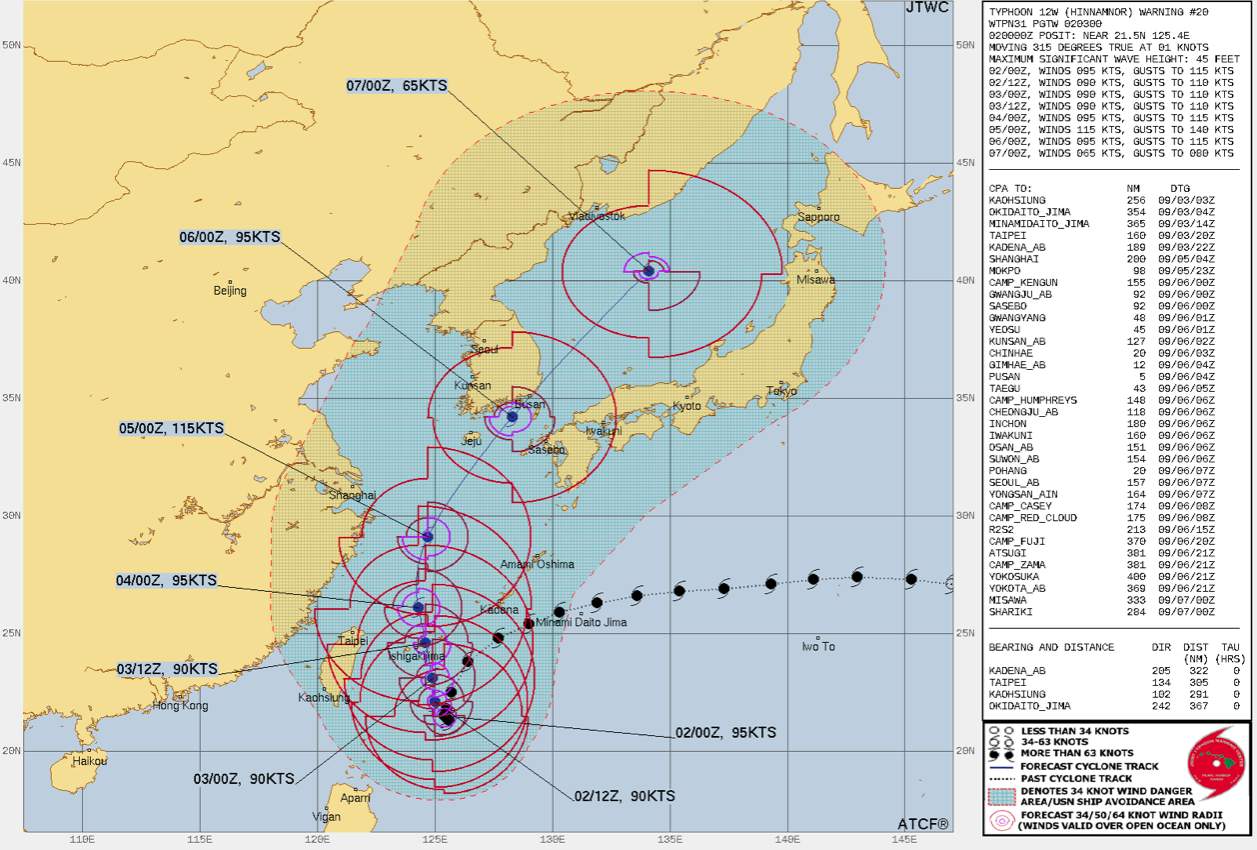 Fig. 1: Trajectoire du typhon Hinnamnor au cours des prochains jours