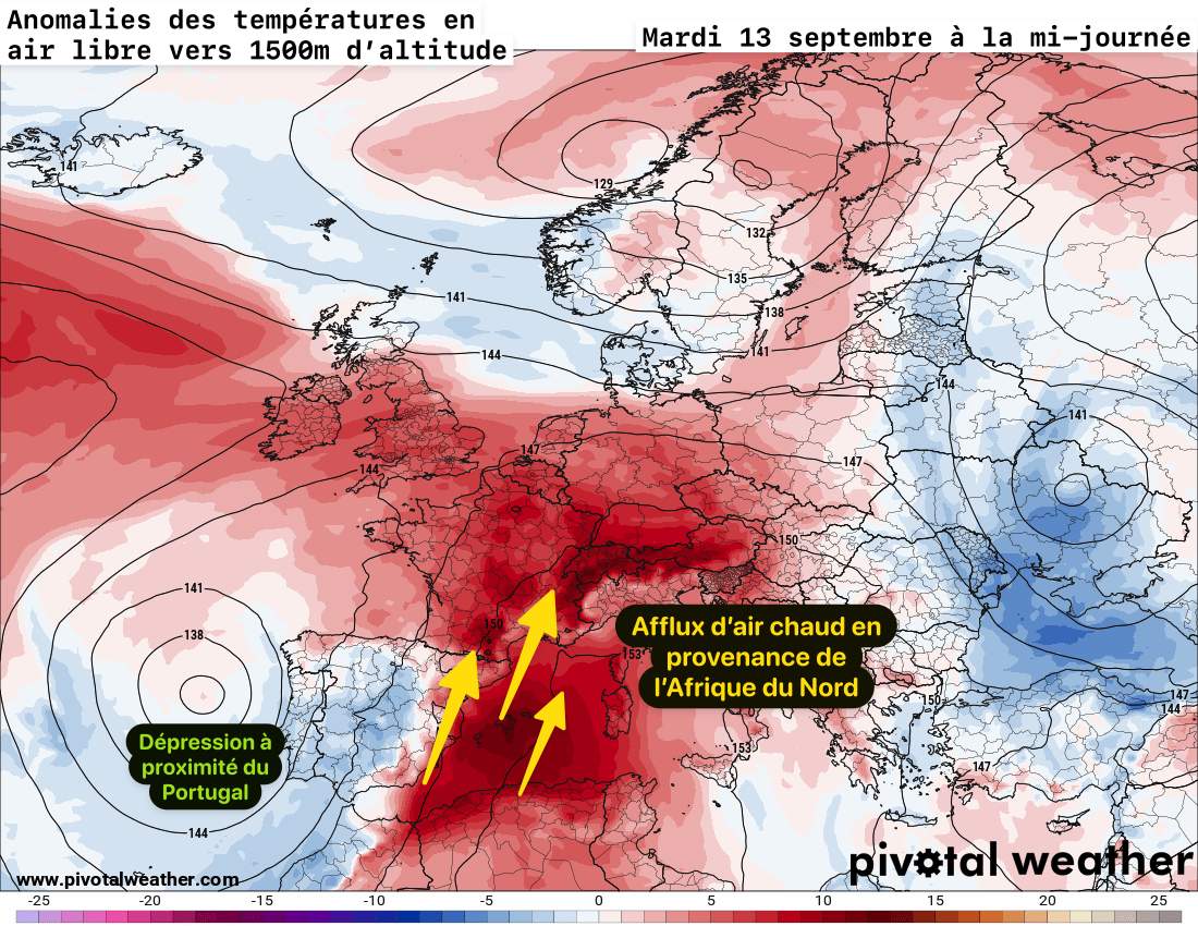 Fig. 7: Anomalie des températures en air libre vers 1500m d'altitude pour mardi 13 septembre