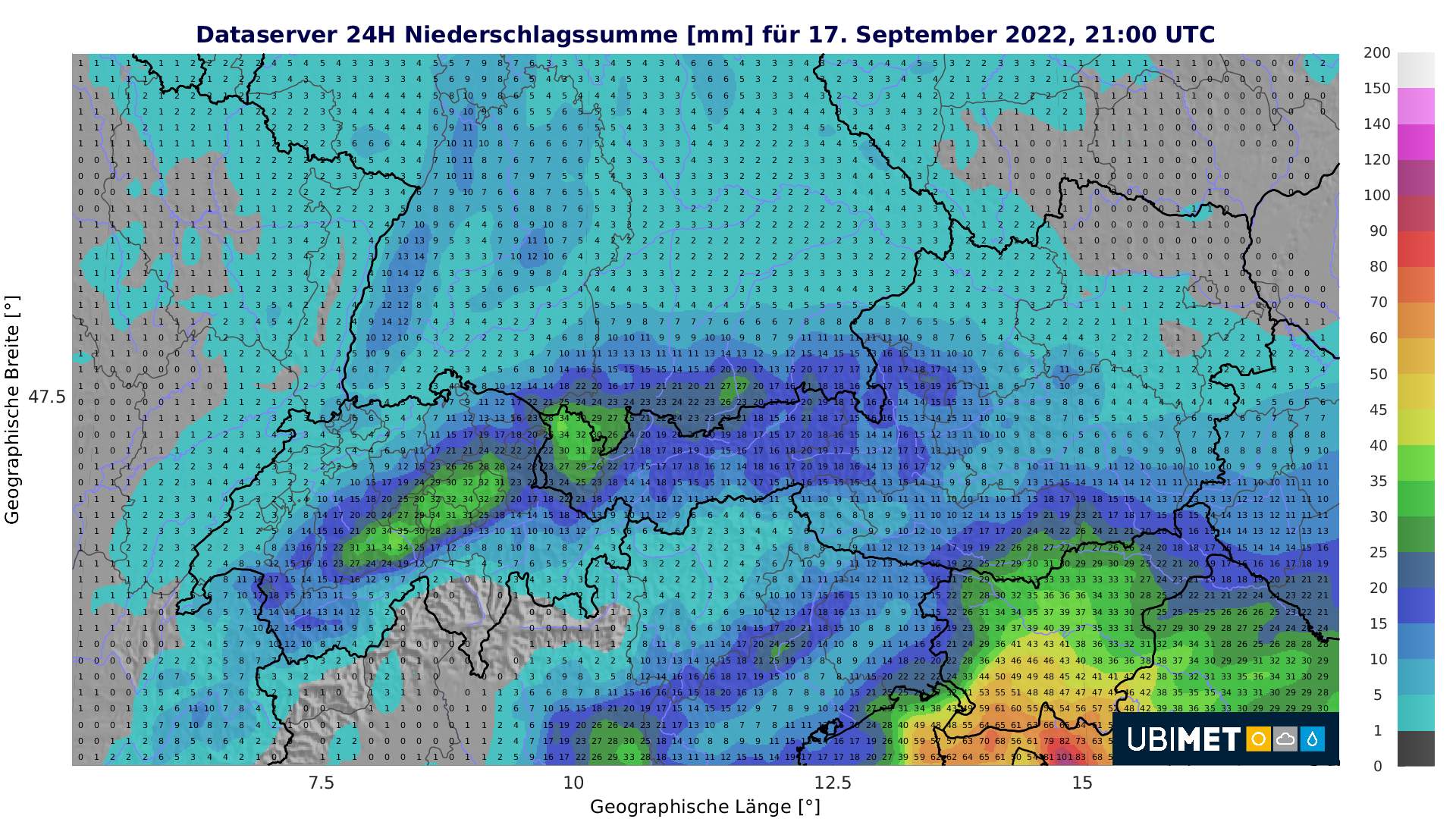 Abb. 3: 24-stündige Niederschlagsmenge bis Samstag, 17. September 21 Uhr UTC
