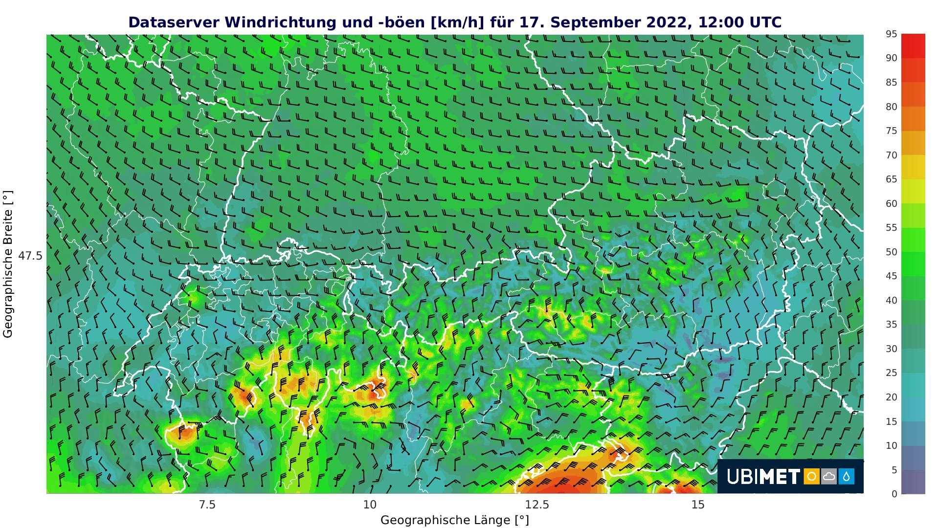 Abb. 6: Am Samstag auf der Alpensüdseite starker Nordföhn, Sturm in der oberen Adria