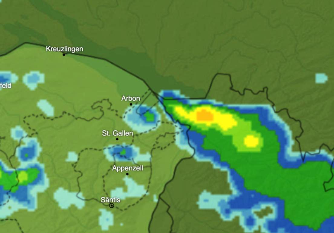 Abb. 1: Radarbild zeigt die durch den Lake-Effect verstärkten Niederschläge östlich des Bodensee.