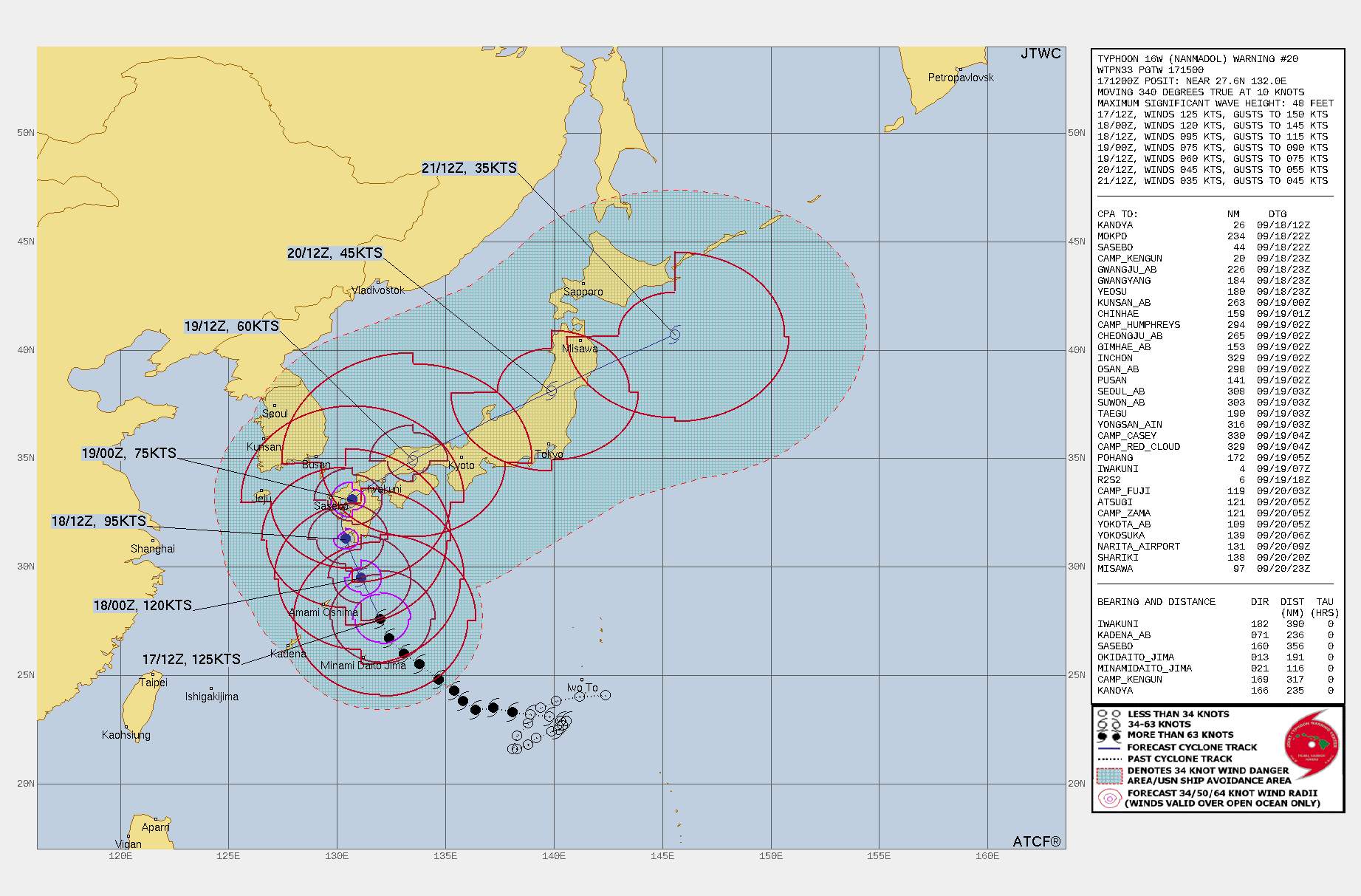 Abb. 3: Prognostizierte Zugbahn und Stärke von Taifun Nanmadol (Quelle: ATCF)