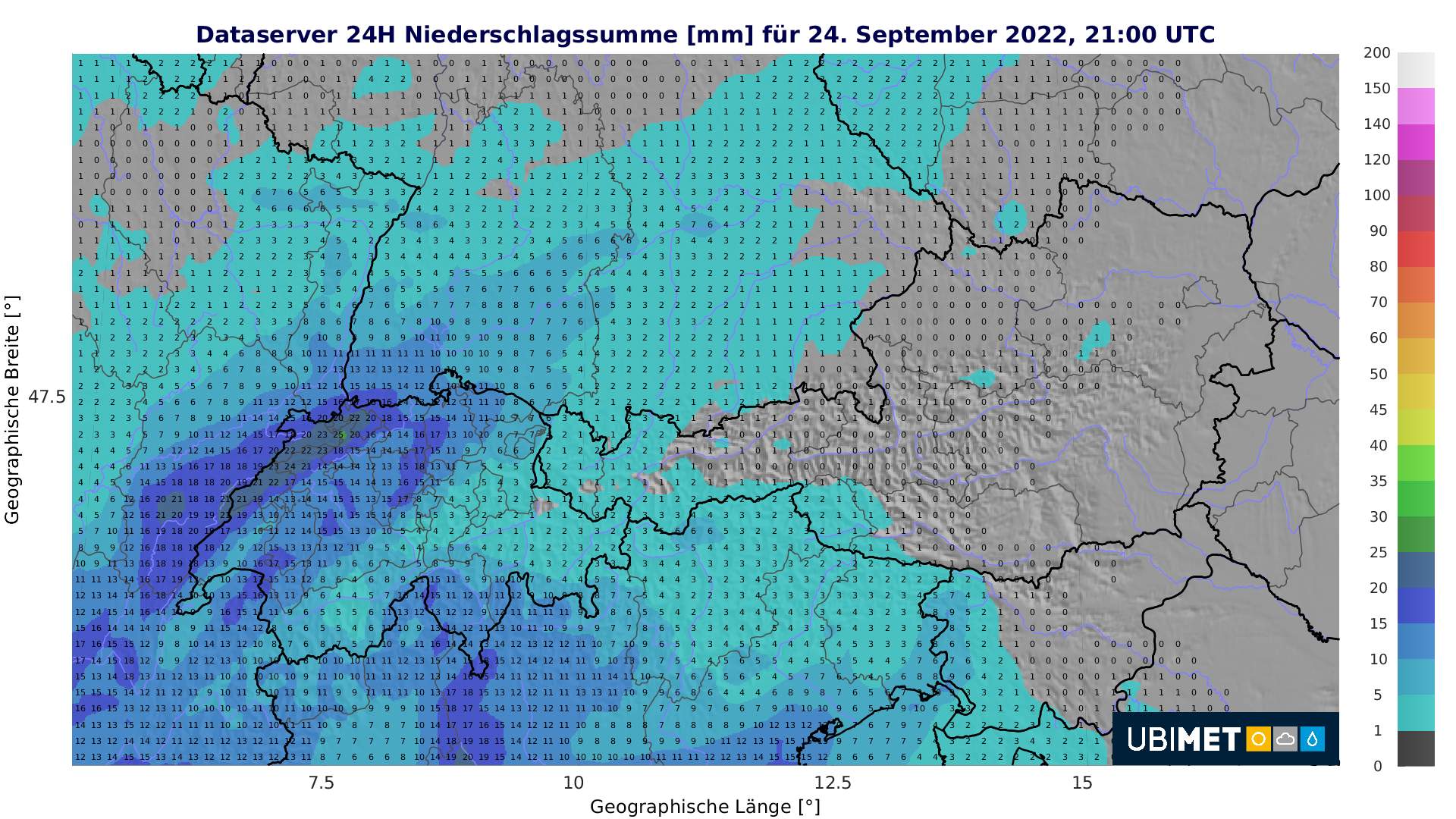 Abb. 2: 24- stündige Niederschlagsmenge bis Samstagabend 21:00 Uhr UTC