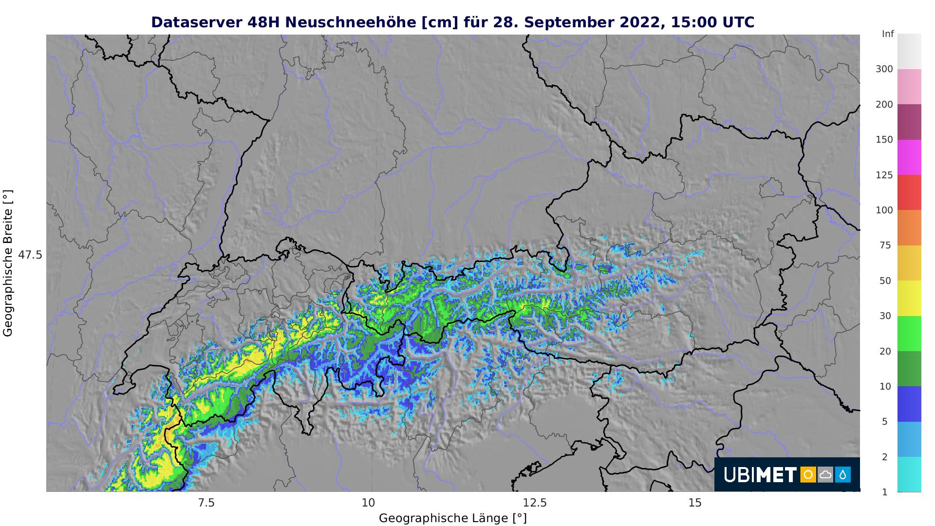Fig. 2: Couche de neige fraîche modélisée sr 48h entre le 26 et le 28 septembre sur les Alpes